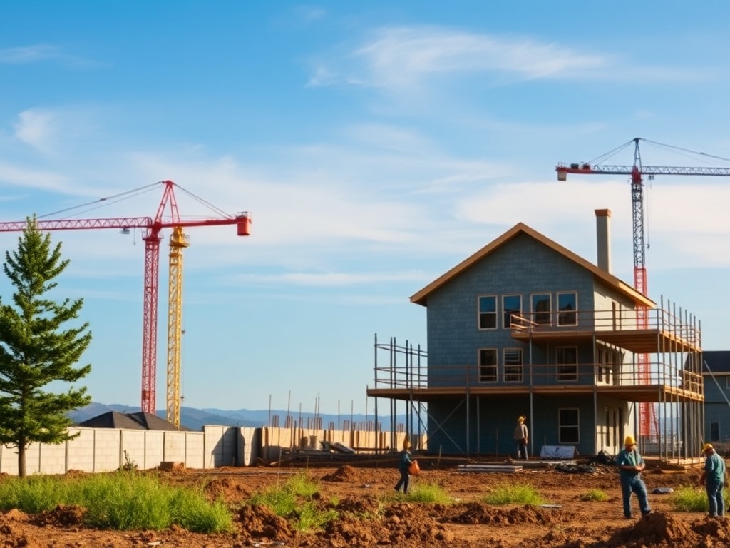 Строительство дома с рабочими и кранами на фоне синих небес и зелёной травы.