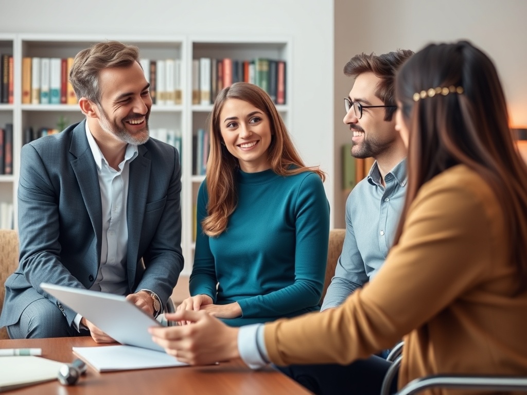 Четыре человека обсуждают идеи за столом в офисе, улыбаются и взаимодействуют друг с другом.