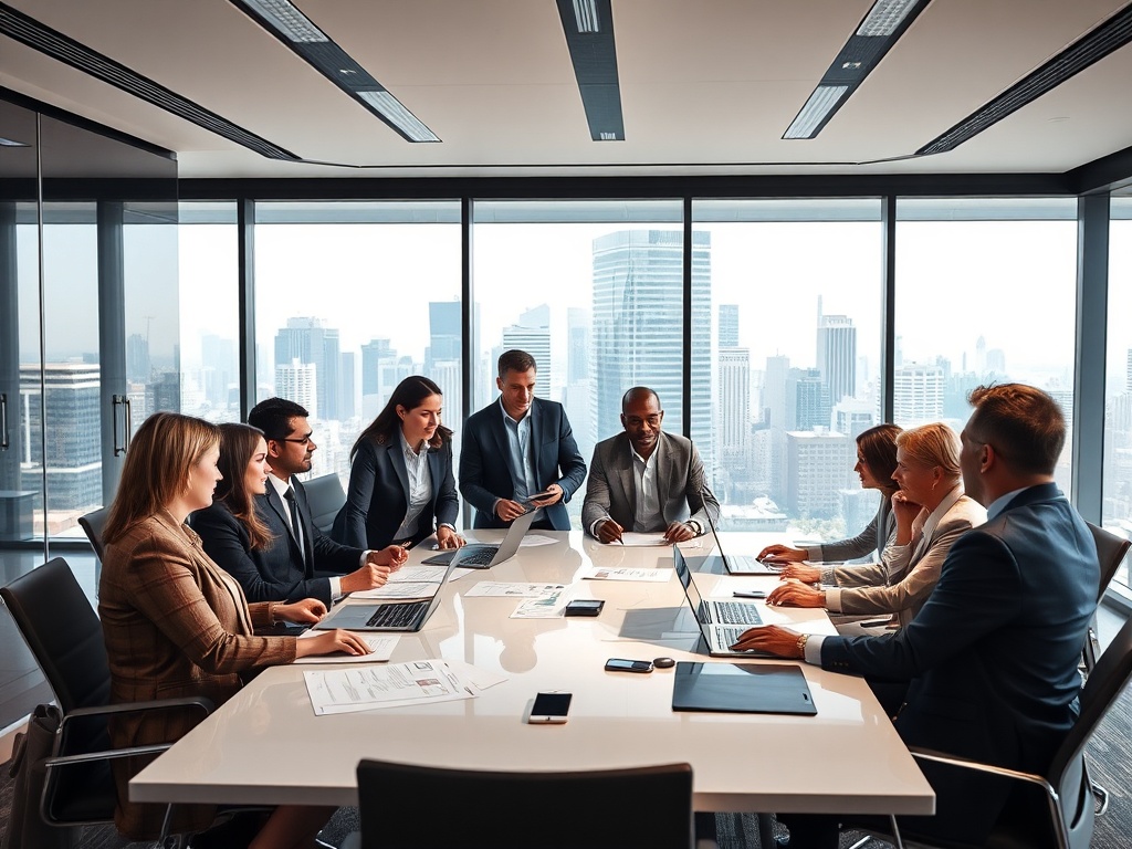 Группа профессионалов в офисе обсуждает проекты на встрече с видом на город.