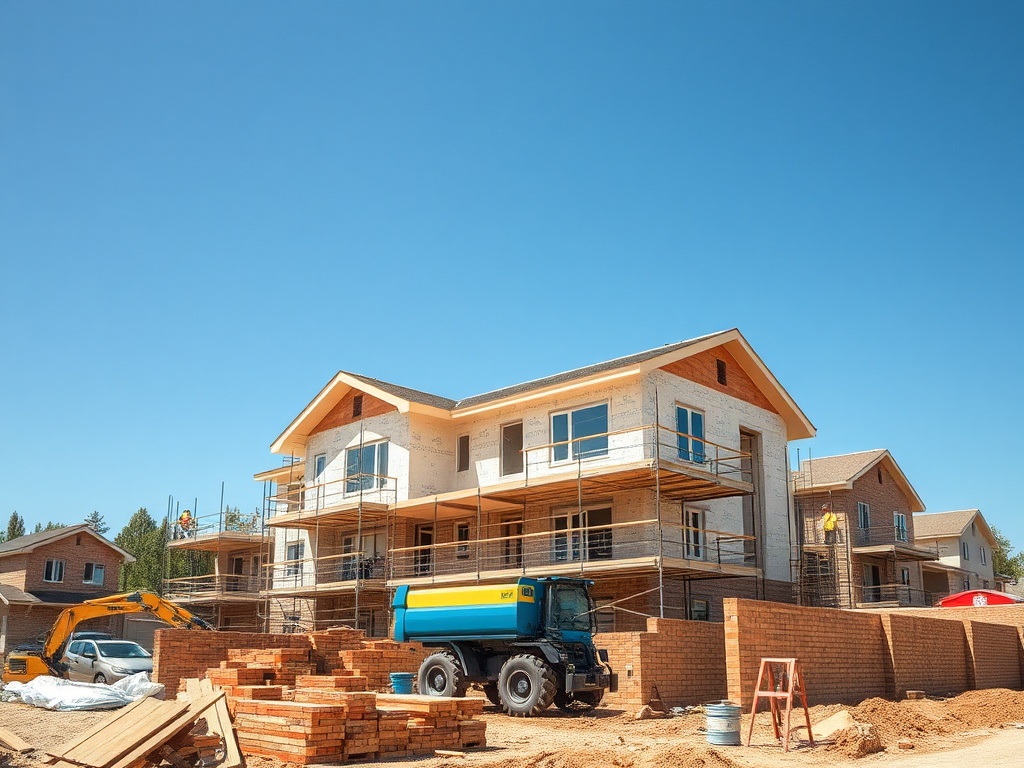 Строительство новых домов с использованием строительной конструкции и техники на ясном голубом небе.