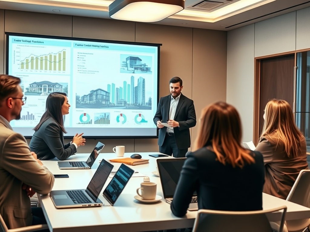 В деловой встрече участвуют несколько человек, один из которых выступает с презентацией на экране.