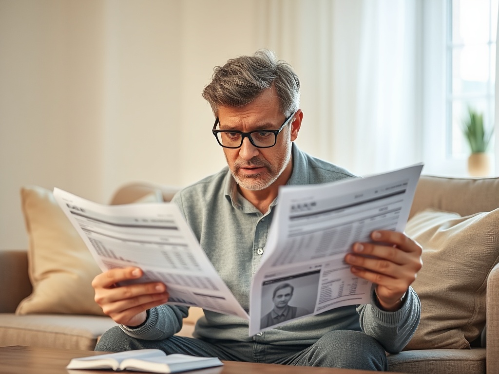 Мужчина в очках читает документы на диване, выглядит задумчивым и сосредоточенным на информации.