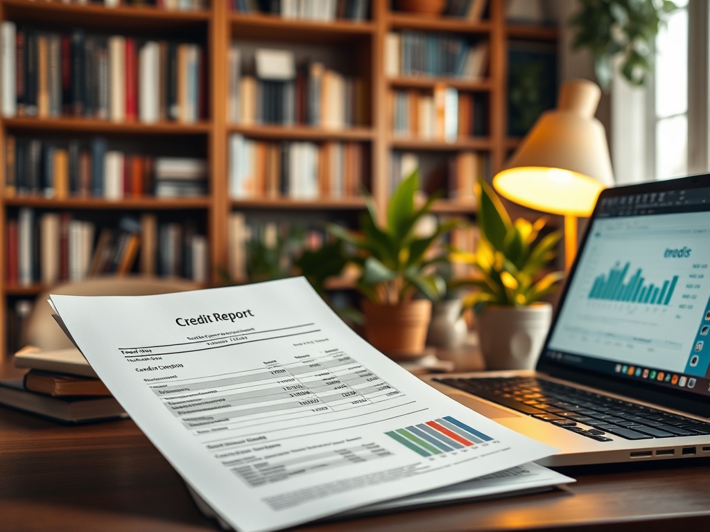 На столе лежит кредитный отчет рядом с ноутбуком и растениями, фоном служит книжный шкаф.