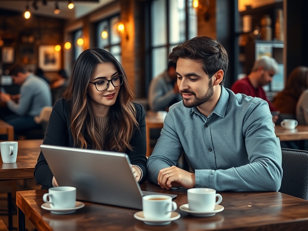 Молодые люди в кафе обсуждают что-то за ноутбуком, рядом чашки горячего кофе и уютная обстановка.
