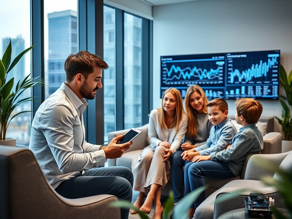 На изображении мужчина показывает что-то на планшете группе людей в современном офисе.